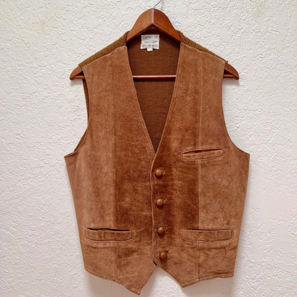 Vintage Capwell's Brown Suede Leather Knit Back Button Front Vest‎  XL Western